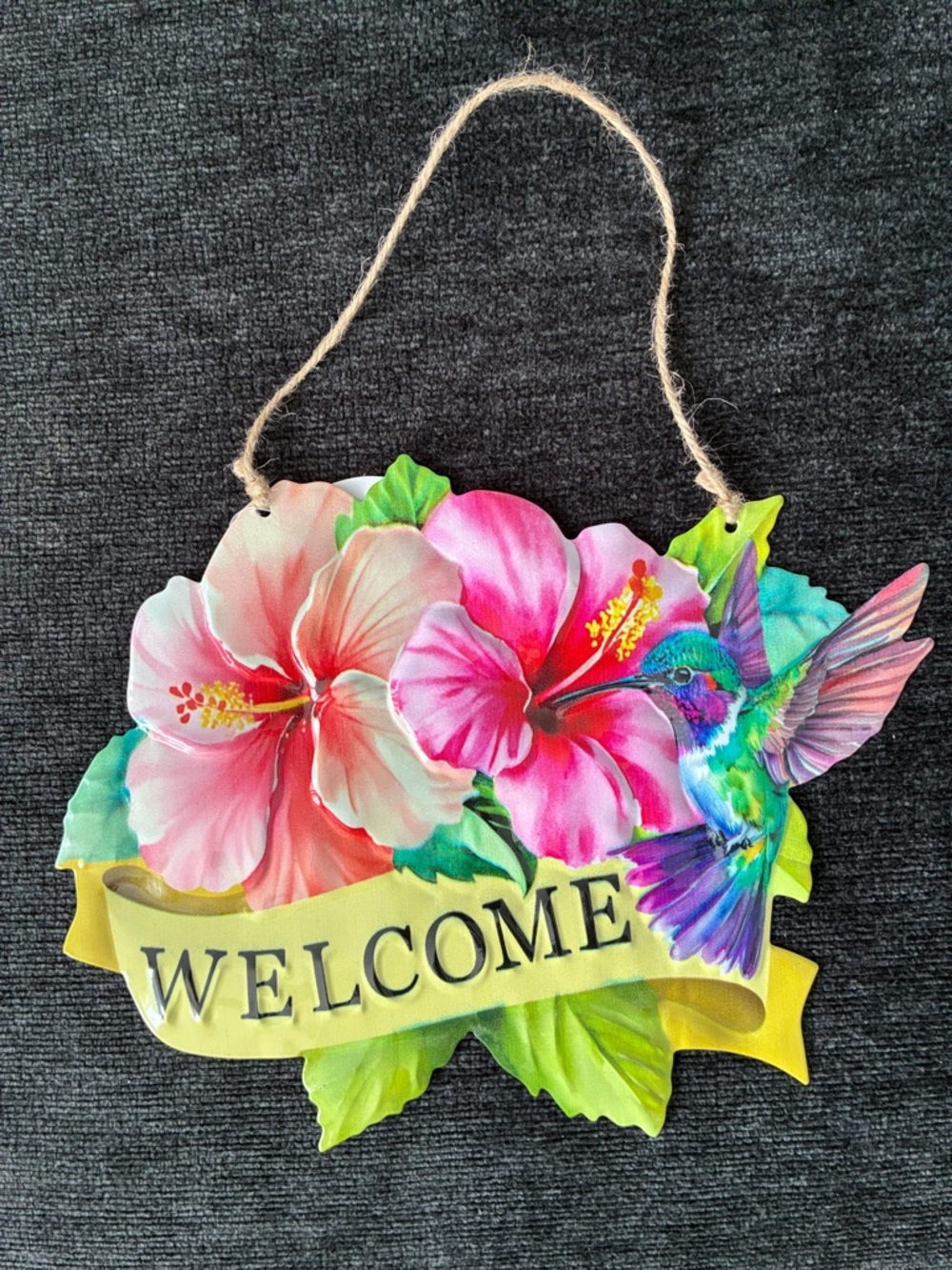 NWT- Hibiscus Floral 🌺 Metal Welcome Sign with Beautiful Hummingbird - Picture 5 of 11